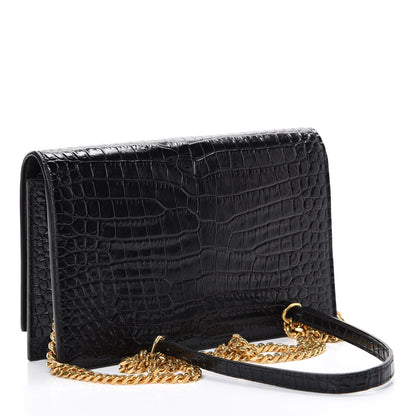 Saint Laurent Calfskin Crocodile Embossed Kate Monogram Tassel Chain Wallet Black 2 of 11