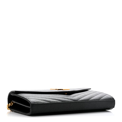 Saint Laurent Grain De Poudre Matelasse Chevron Monogram Chain Wallet Black 6 of 27