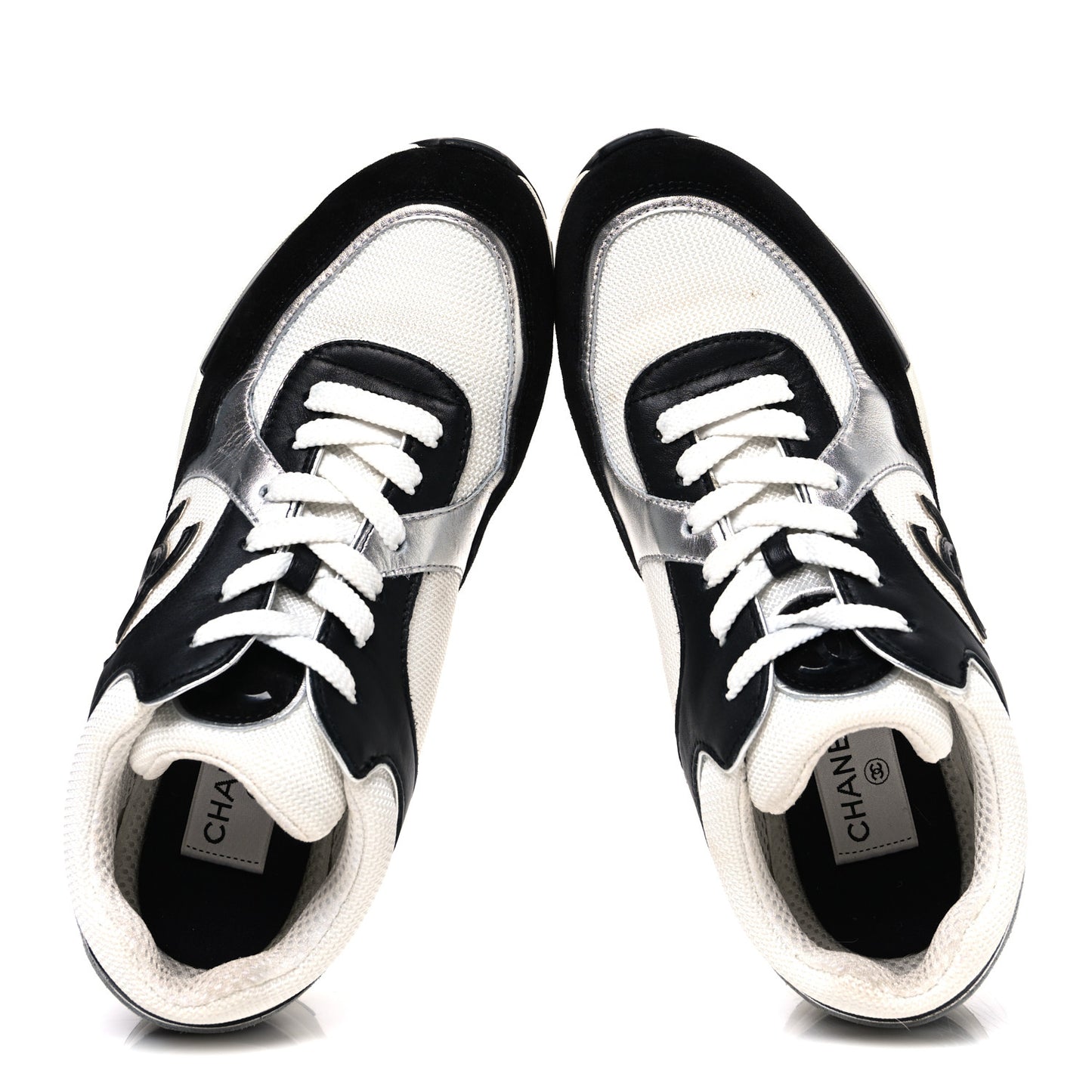 Mesh Suede Calfskin Grained Calfskin Womens CC Sneakers 39 Black White Silver
