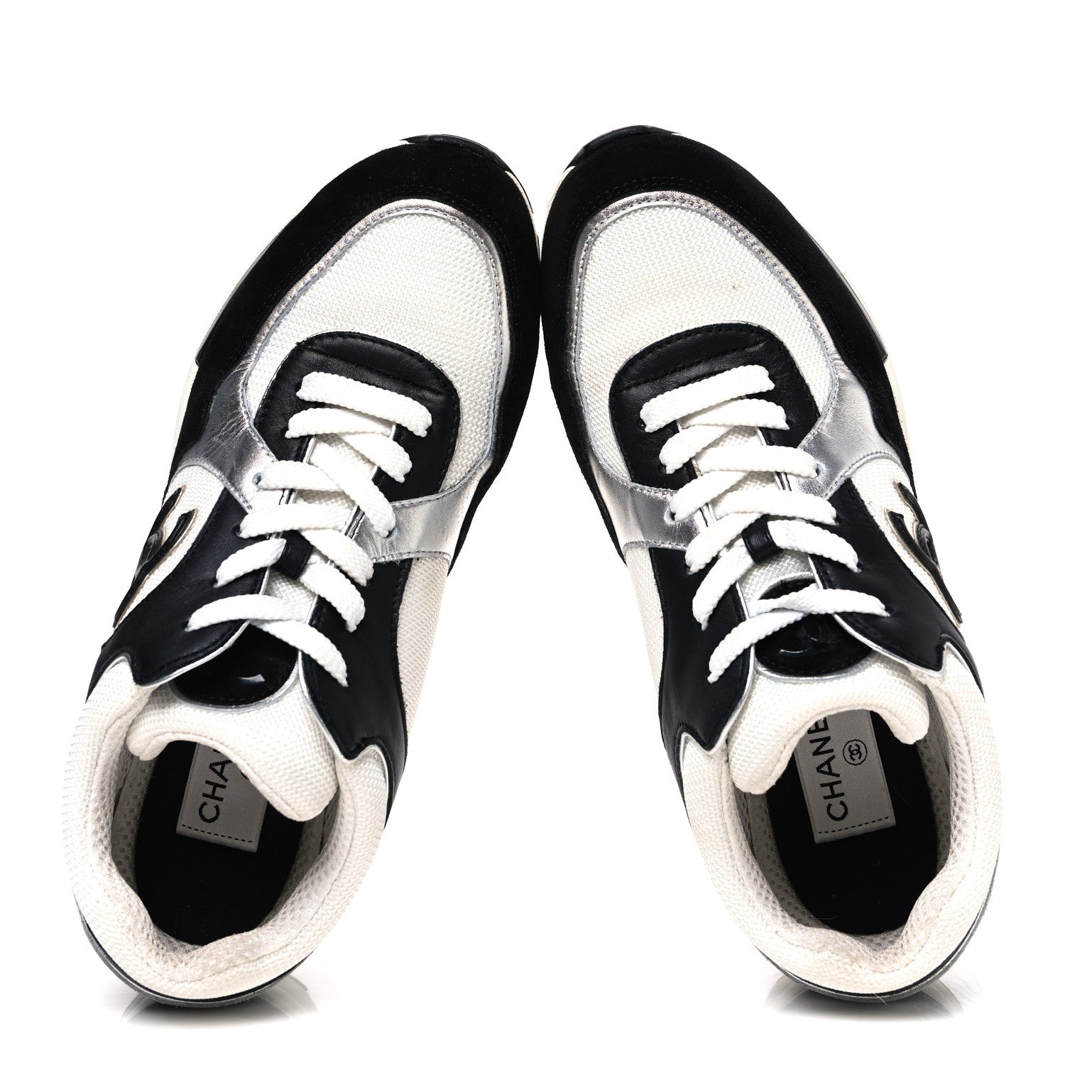 Chanel Mesh Suede Calfskin Grained Calfskin Womens CC Sneakers 39 Black White Silver 2 of 11