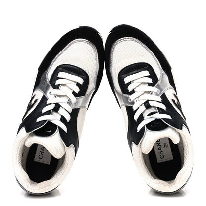 Chanel Mesh Suede Calfskin Grained Calfskin Womens CC Sneakers 39 Black White Silver 2 of 11
