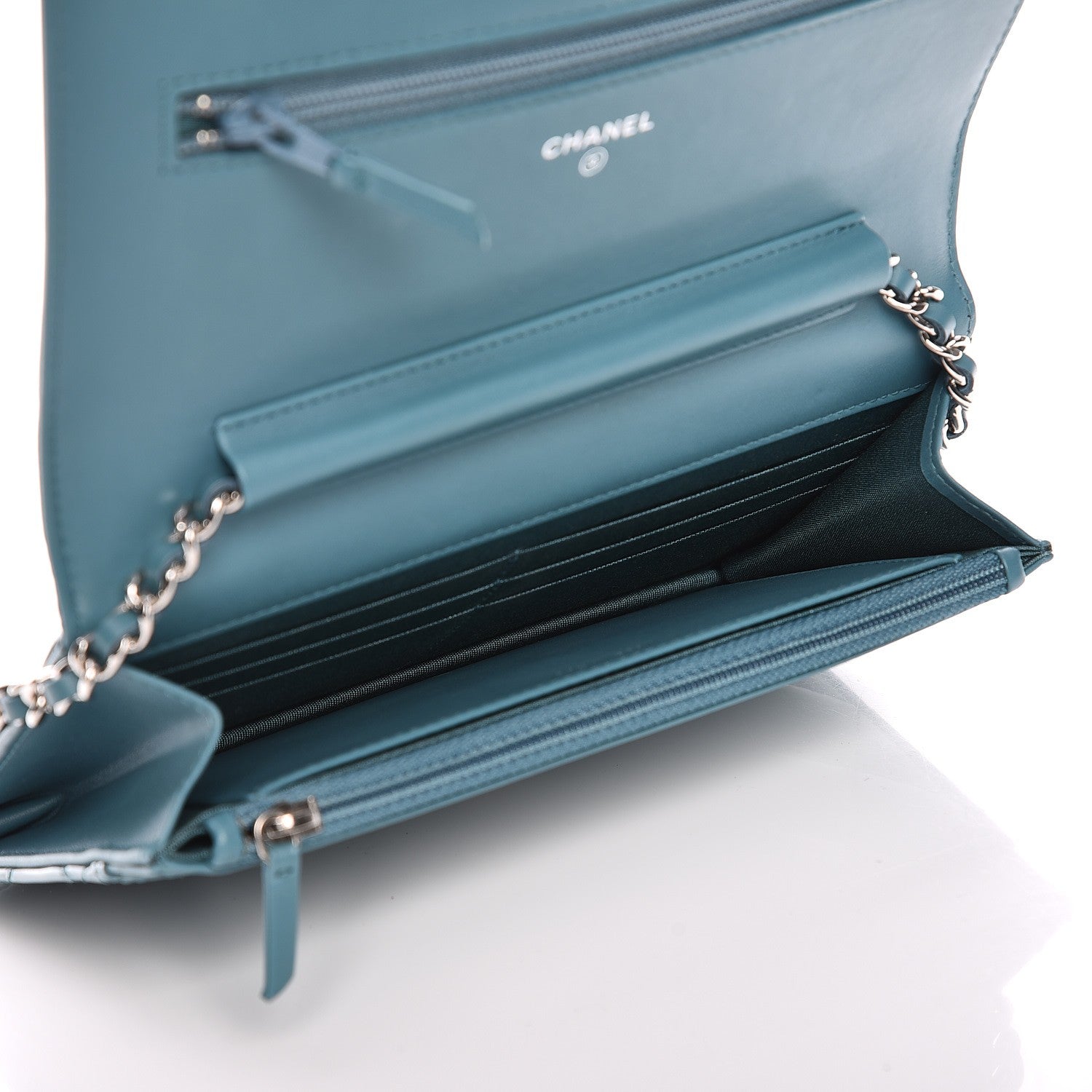 Chanel Patent Calfskin Quilted Boy Wallet On Chain WOC Peacock Blue 5 of 9