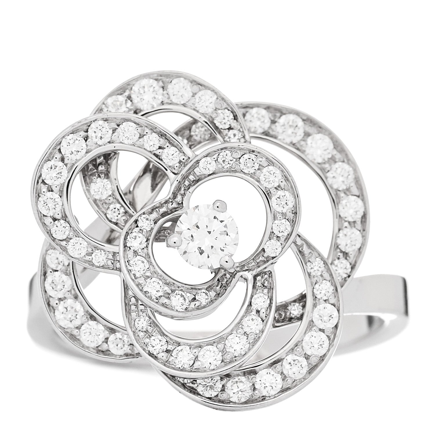 Chanel 18K White Gold Diamond Medium Fil de Camelia Ring 55 7.25 1 of 7