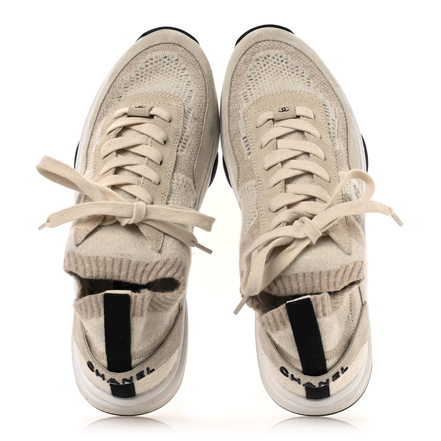 Knit Fabric Suede Calfskin Womens CC Sneakers 38.5 Ivory