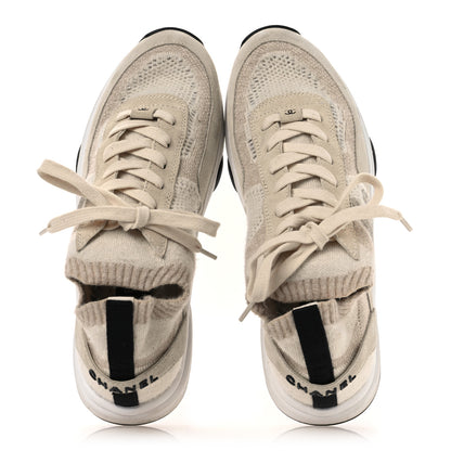 Chanel Knit Fabric Suede Calfskin Womens CC Sneakers 38.5 Ivory 2 of 13