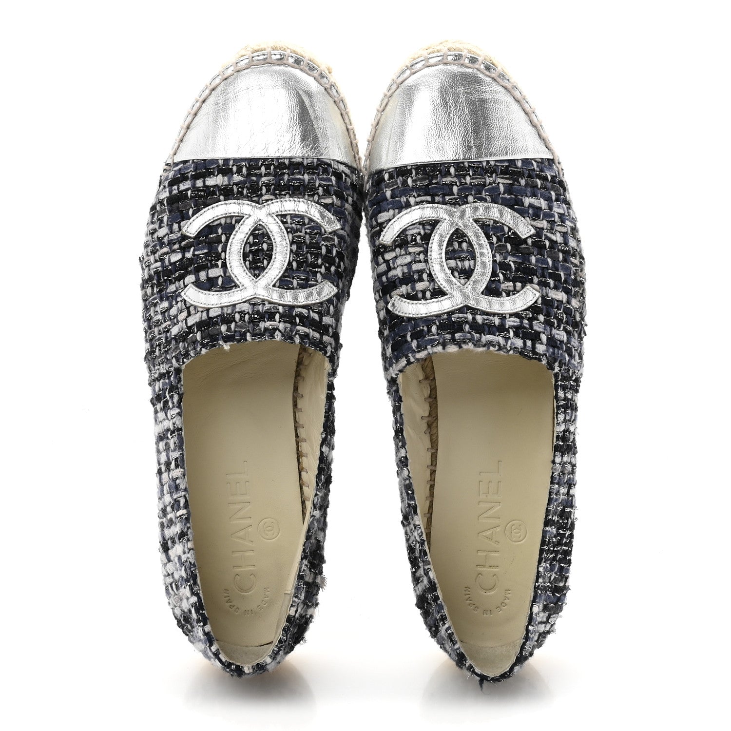 Chanel Metallic Tweed Lambskin CC Espadrilles 39 Blue Black Silver 2 of 11
