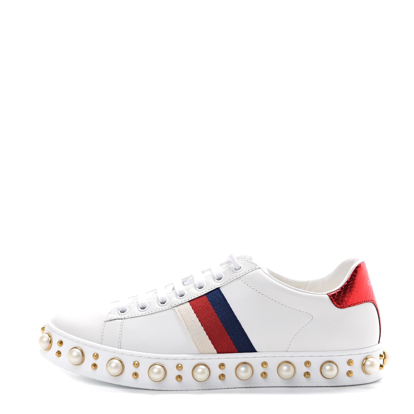 Calfskin Ayers Web Pearl Studded Womens Ace Sneakers 38.5 White