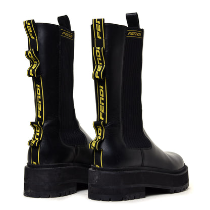 Fendi Vitello Stretch Fabric Logo Tape Rockoko Promenade 50mm Biker Boots 39 Black Yema 5 of 12