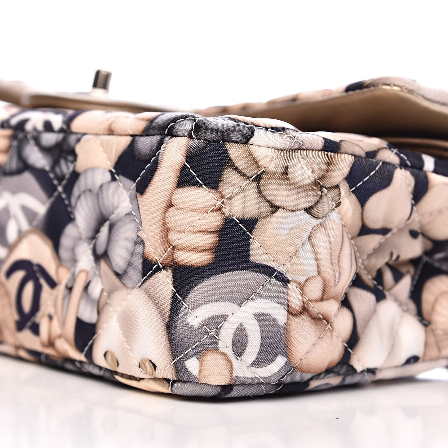 Nylon Quilted Medium Cat Emoticon Double Flap Navy Gold