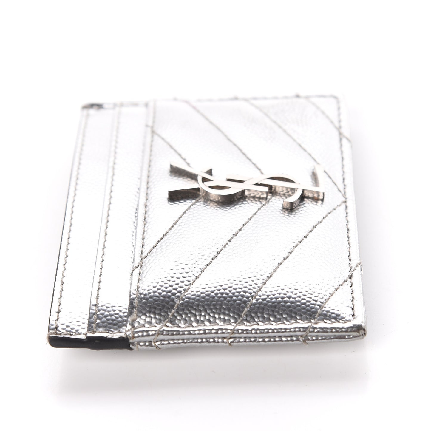 Metallic Grain De Poudre Matelasse Chevron Monogram Credit Card Case Argento
