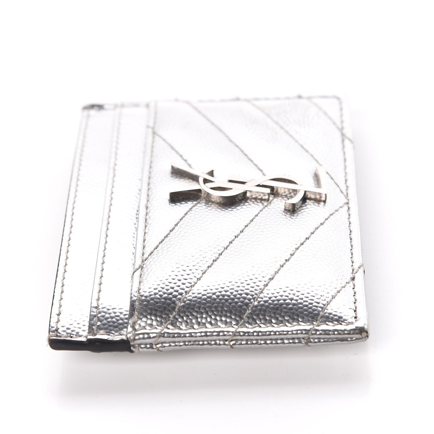 Saint Laurent Metallic Grain De Poudre Matelasse Chevron Monogram Credit Card Case Argento 12 of 12
