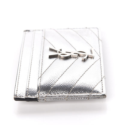 Saint Laurent Metallic Grain De Poudre Matelasse Chevron Monogram Credit Card Case Argento 12 of 12