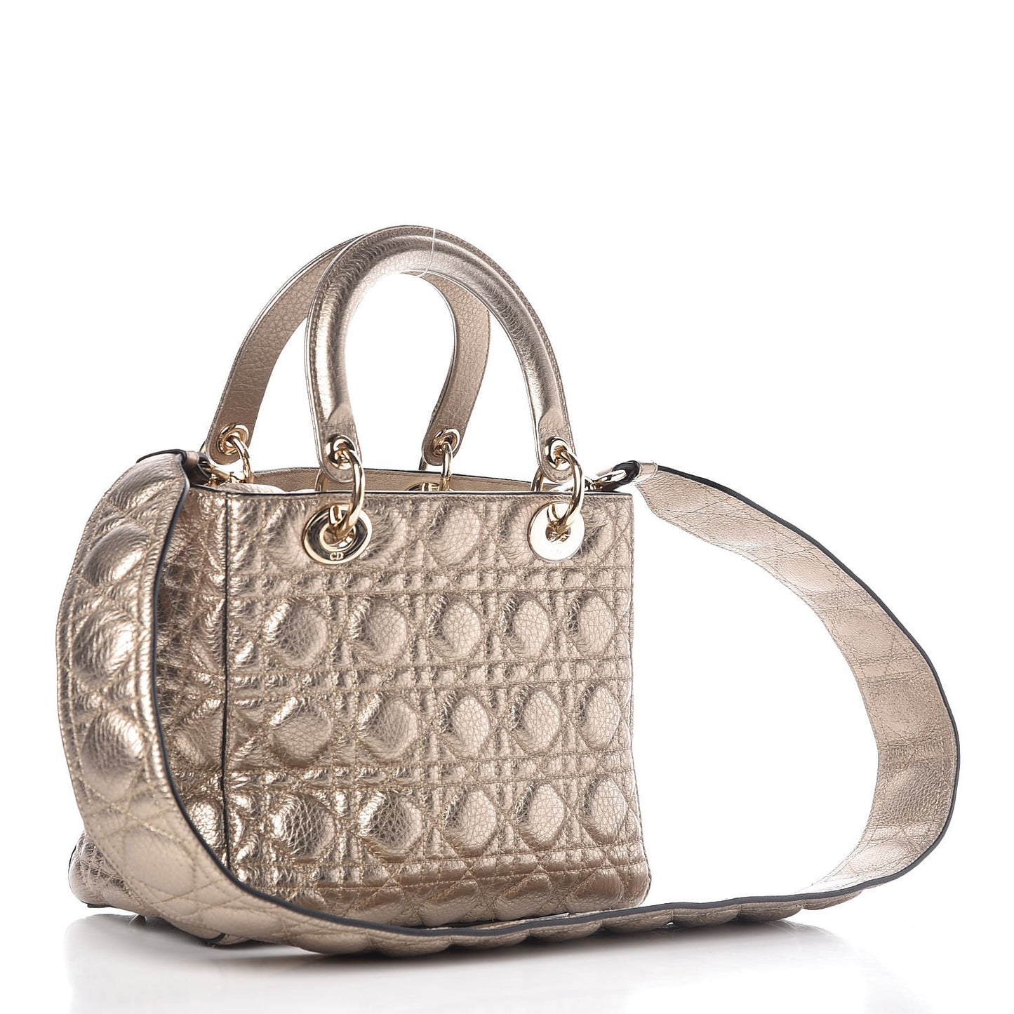 Metallic Grained Calfskin Cannage Small Supple Lady Dior Pale Gold