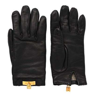 Hermes Lambskin Cashmere Kelly Lock Gloves 6.5 Black 1 of 4