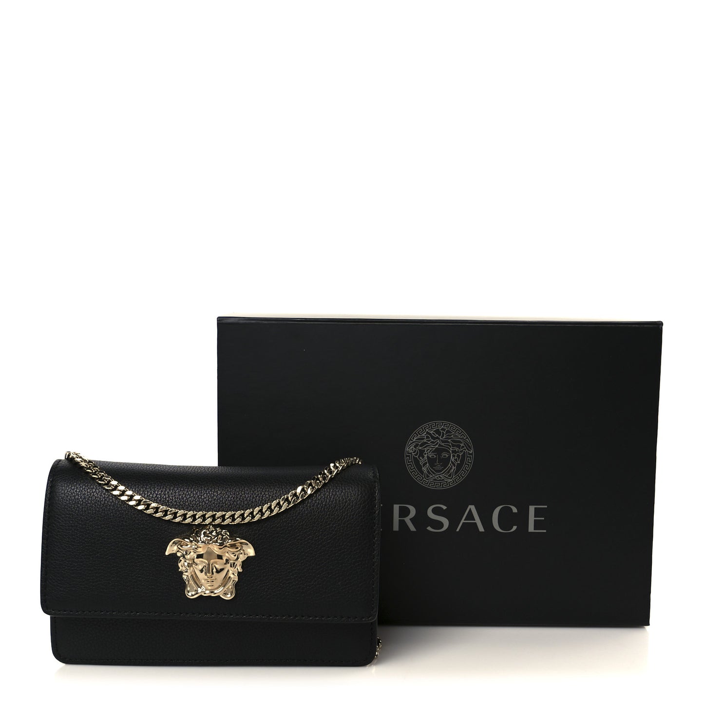 Grained Calfskin Medusa Evening Clutch Bag Black