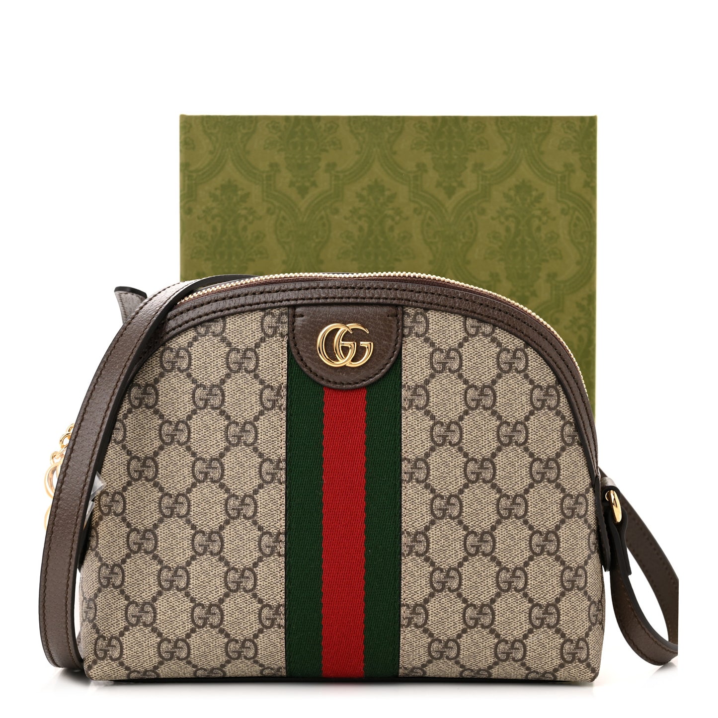 GG Supreme Monogram Textured Dollar Calfskin Web Small Ophidia Dome Shoulder Bag Beige Ebony New Acero