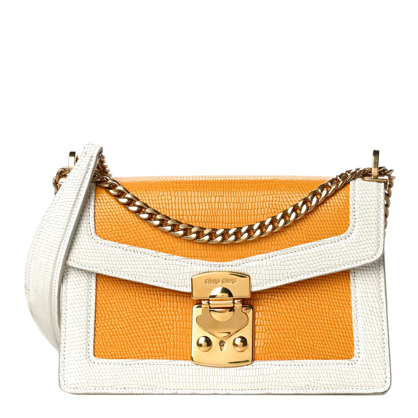 Calfskin Lizard Embossed Flap Bag Yellow White