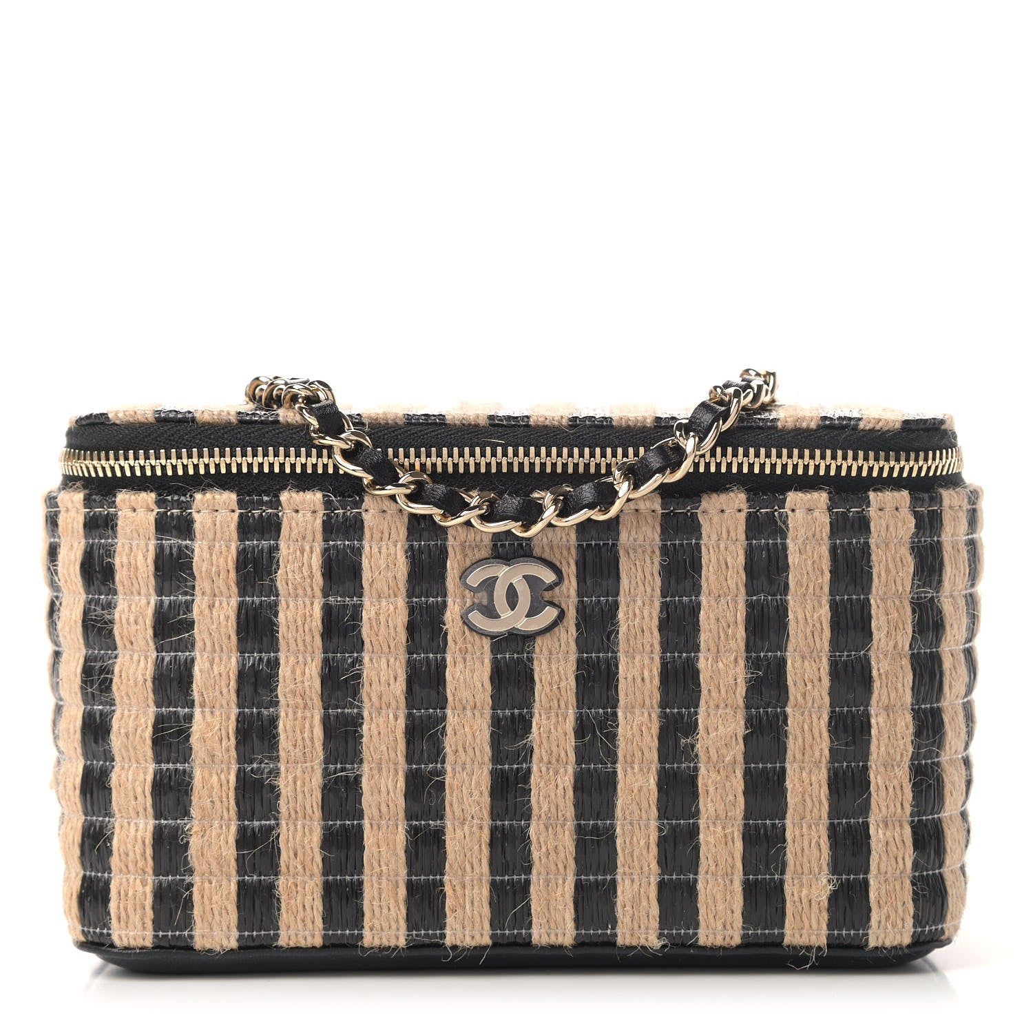 Chanel Raffia Jute Striped Small Vanity Case With Chain Black Beige 1 of 4