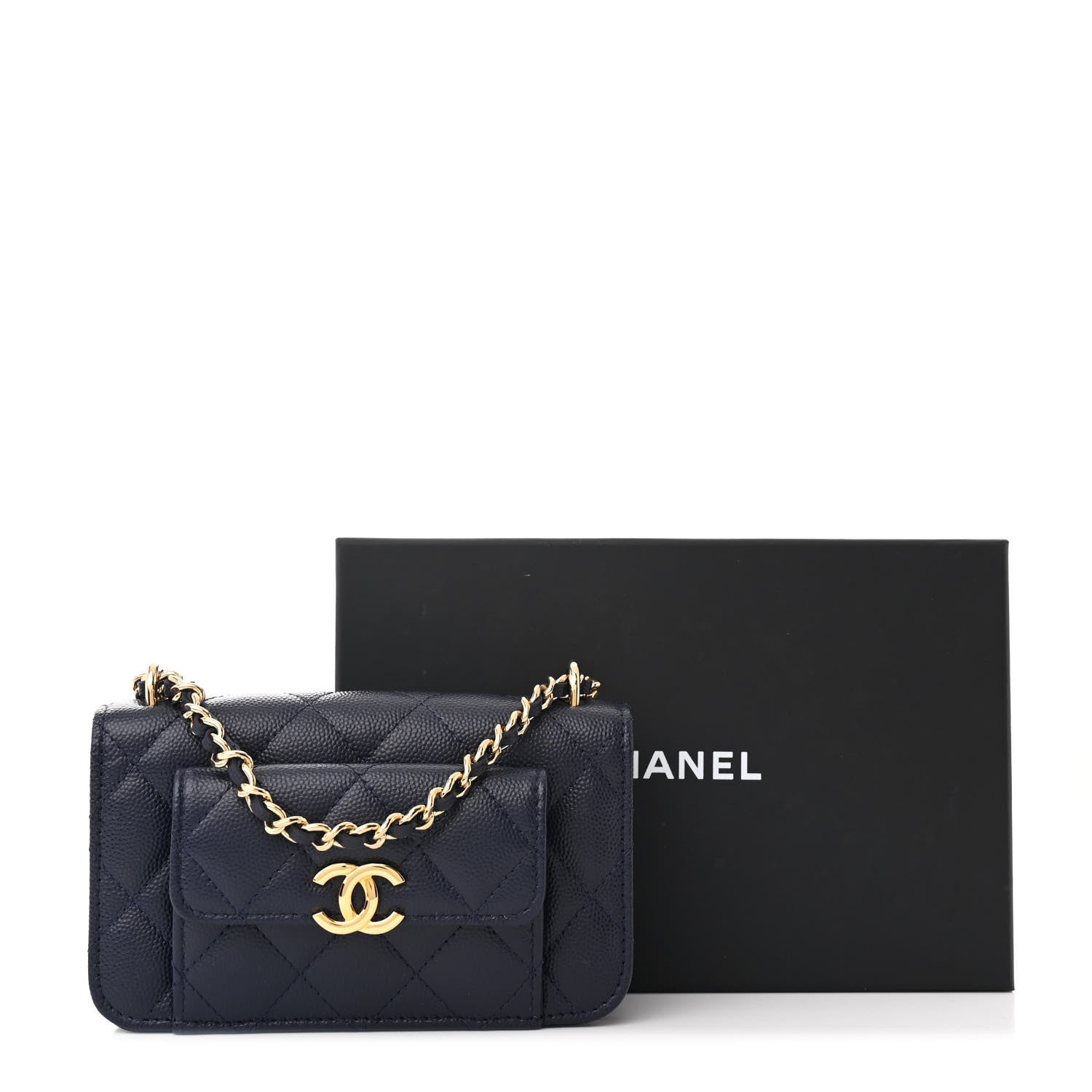 Chanel Caviar Quilted Pocket Twins Clutch With Chain Navy Blue 12 of 12