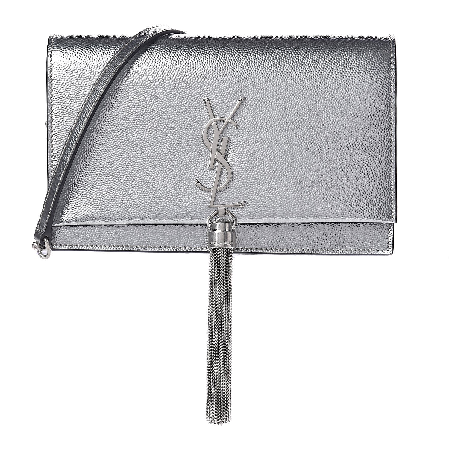 Saint Laurent Metallic Grain De Poudre Kate Monogram Tassel Chain Wallet Silver 1 of 6