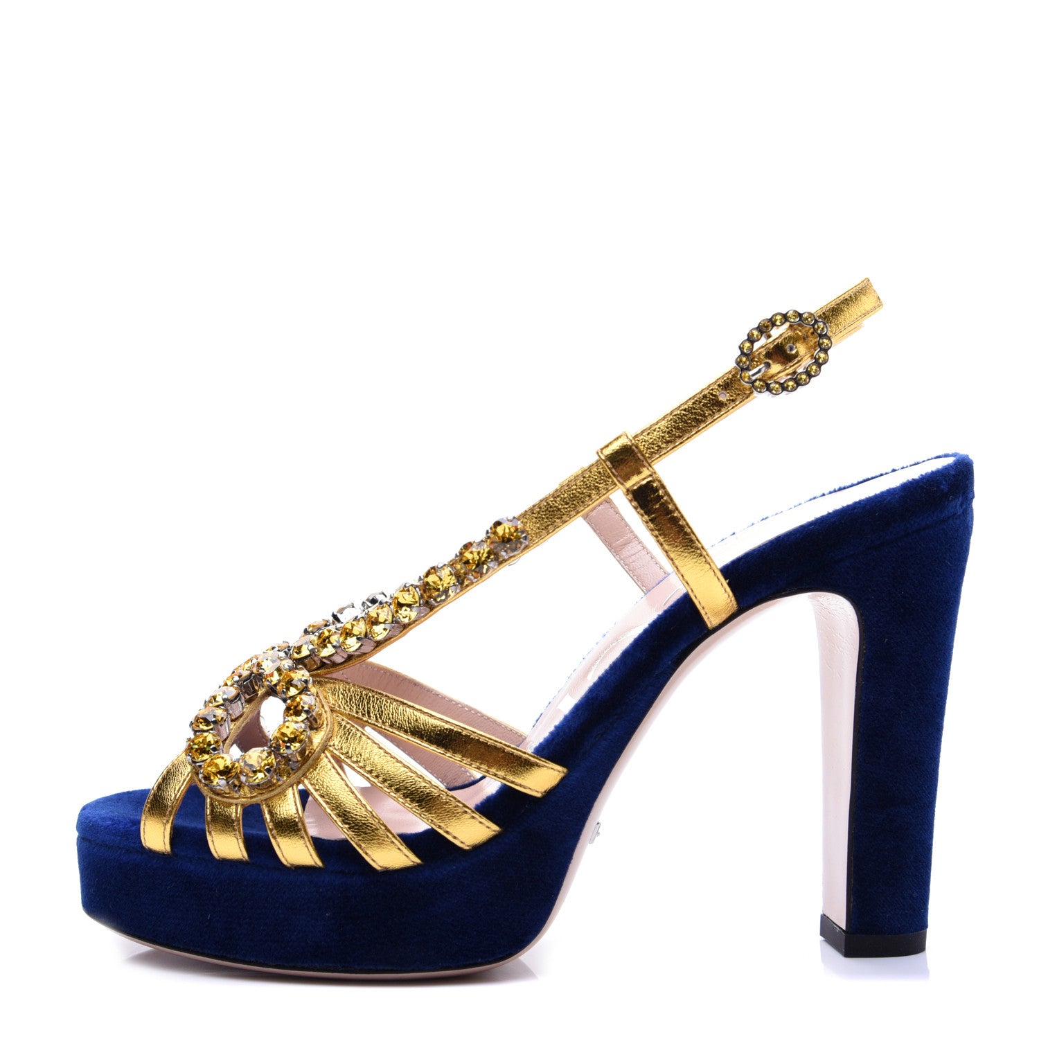 Gucci Velvet Nappa Crystal Zephyra Slingback Platform High Heel Sandals 36.5 Blue Gold 1 of 12