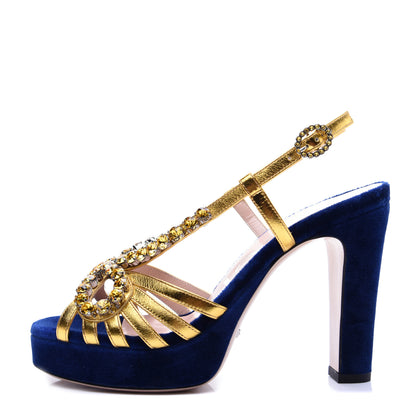 Gucci Velvet Nappa Crystal Zephyra Slingback Platform High Heel Sandals 36.5 Blue Gold 1 of 12