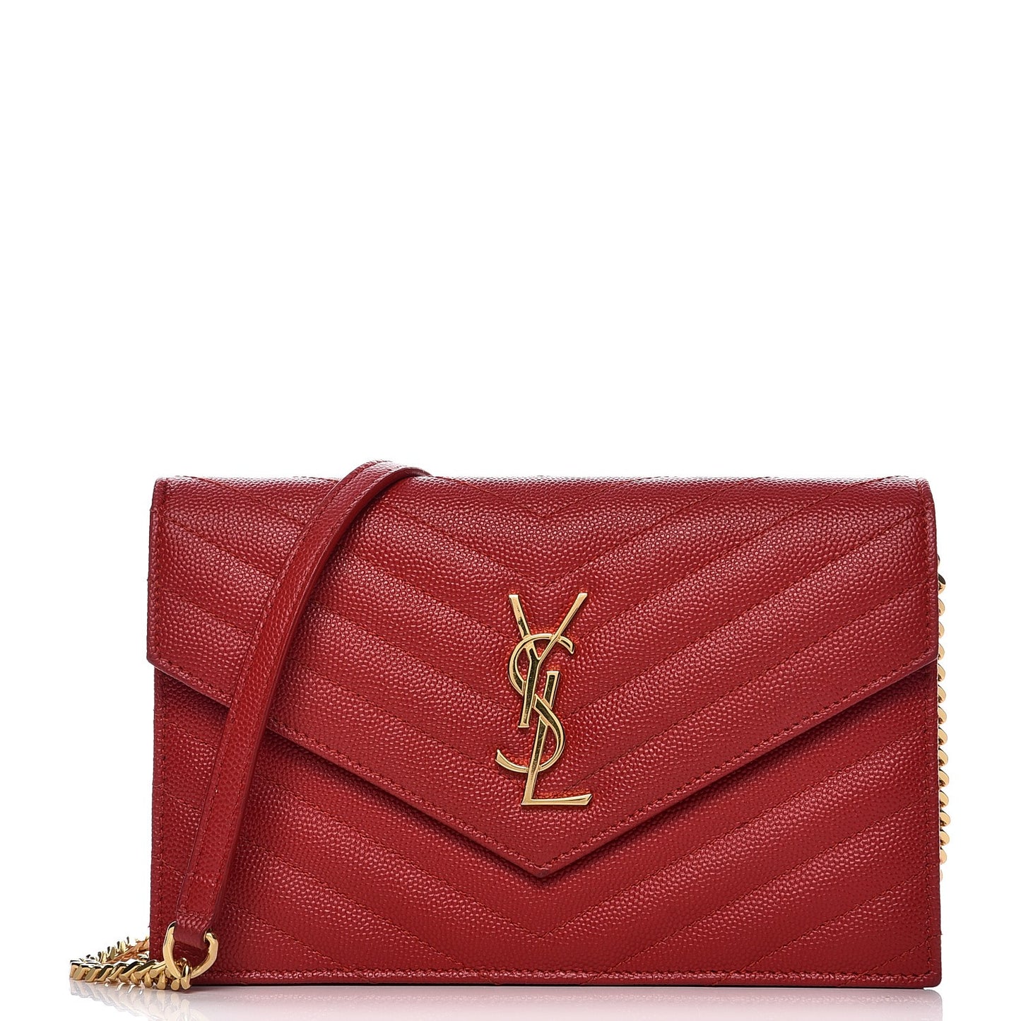 Grain De Poudre Matelasse Chevron Monogram Envelope Chain Wallet New Red