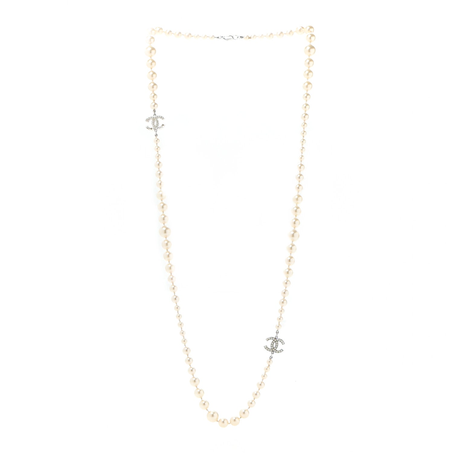 Chanel Graduated Pearl CC Long Necklace Silver 1 of 6