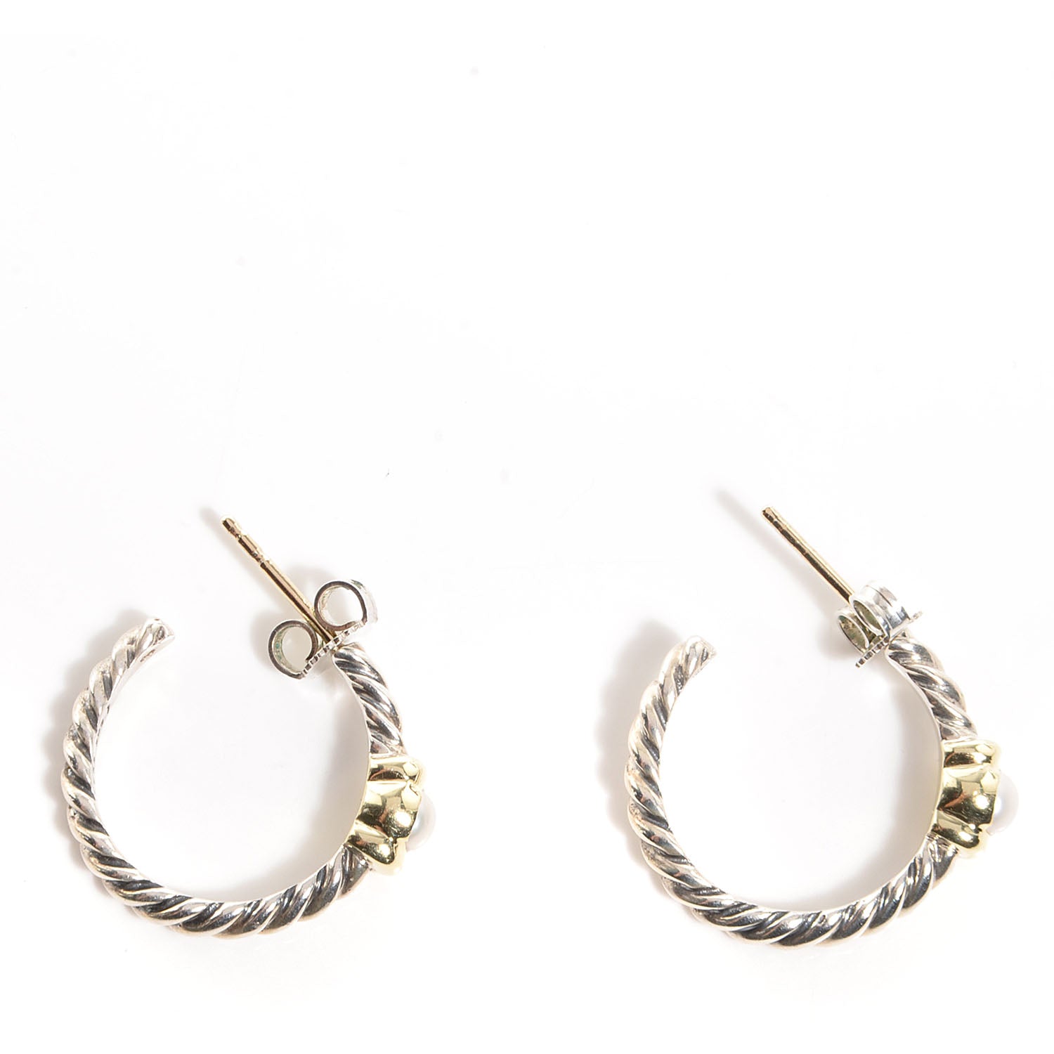 David Yurman Sterling Silver 14K Gold 3mm Pearl Metro Hoop Earrings 1 of 4
