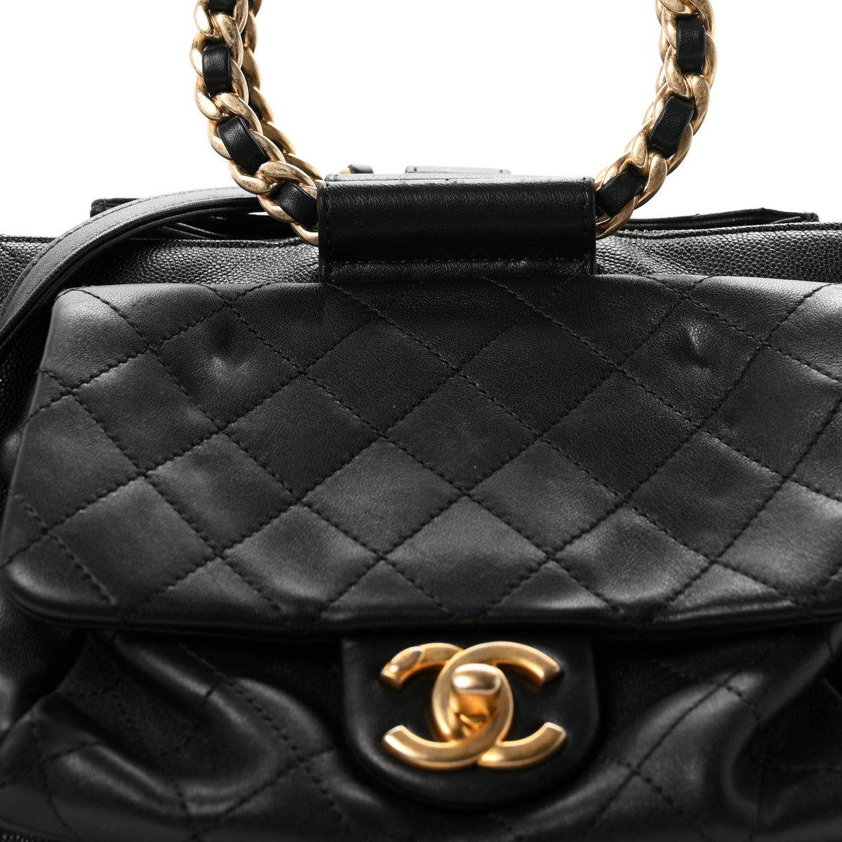 Grained Calfskin Lambskin Quilted Large Bowling Bag Black