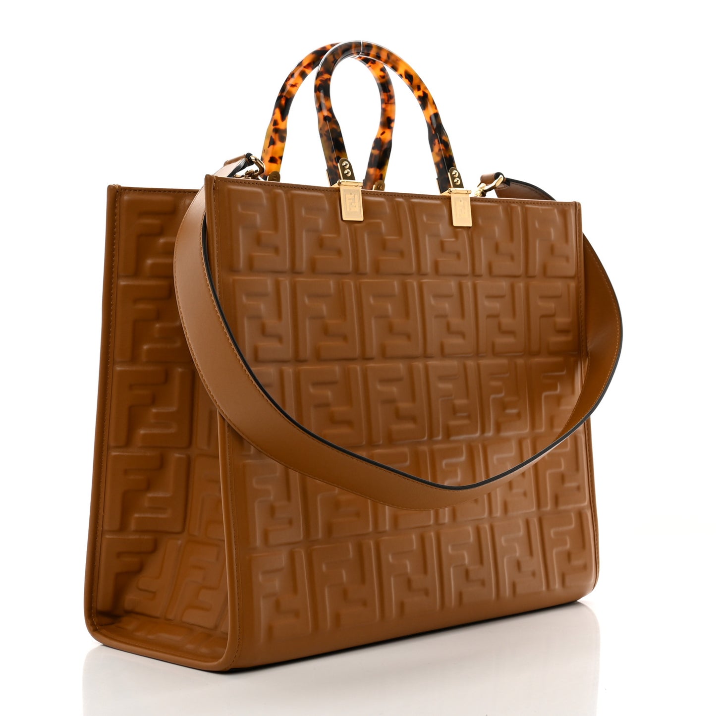 Vitello Plexiglass FF Embossed Medium Fendi Sunshine Shopper Tote Caramello