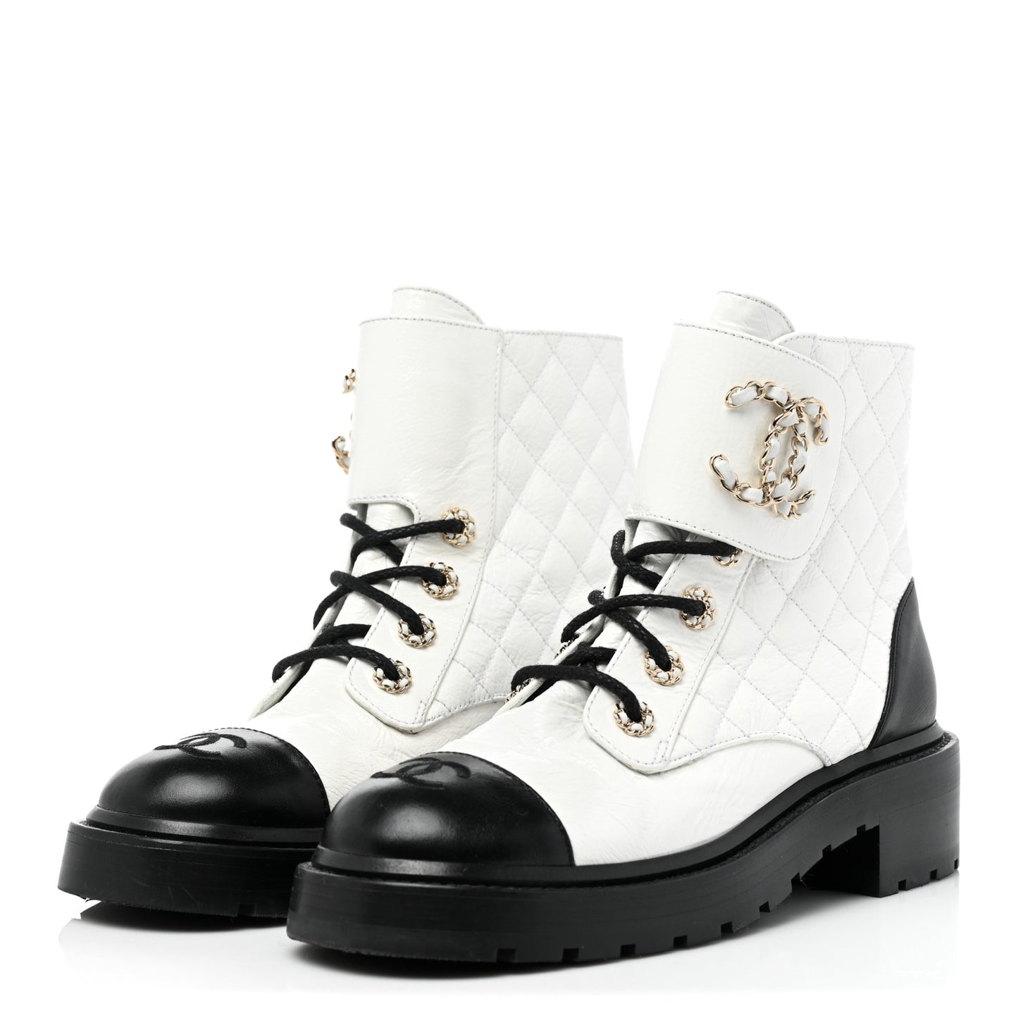 Shiny Goatskin Calfskin Quilted Lace Up Combat Boots 38 Black White