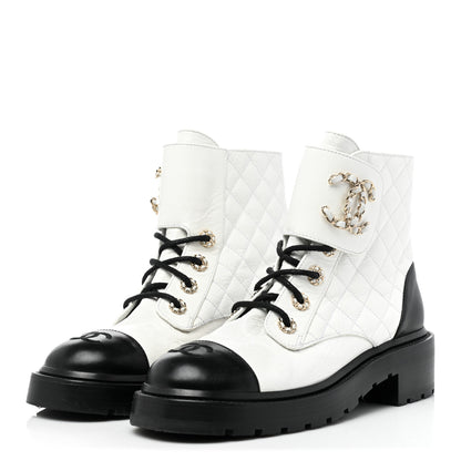Chanel Shiny Goatskin Calfskin Quilted Lace Up Combat Boots 38 Black White 3 of 9