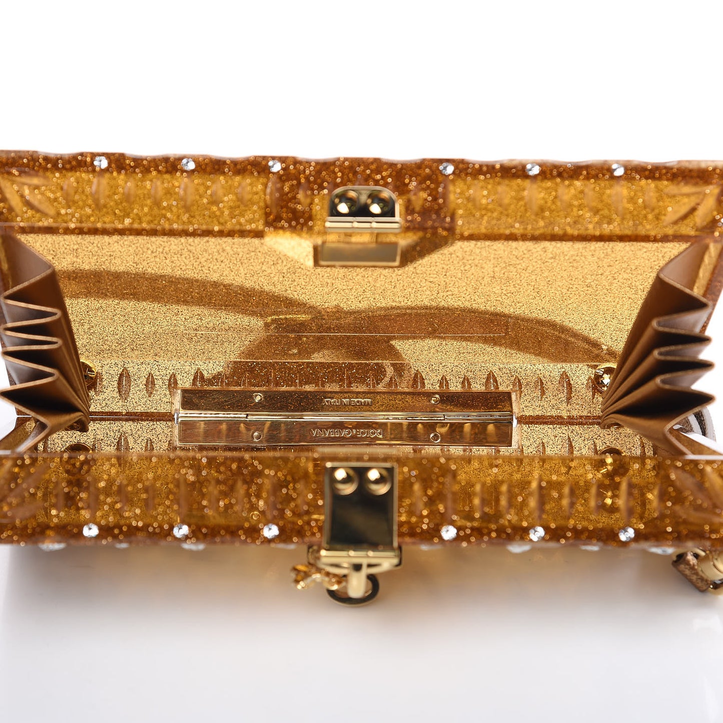Crystal Embellished Plexiglass Dolce Box Clutch Gold