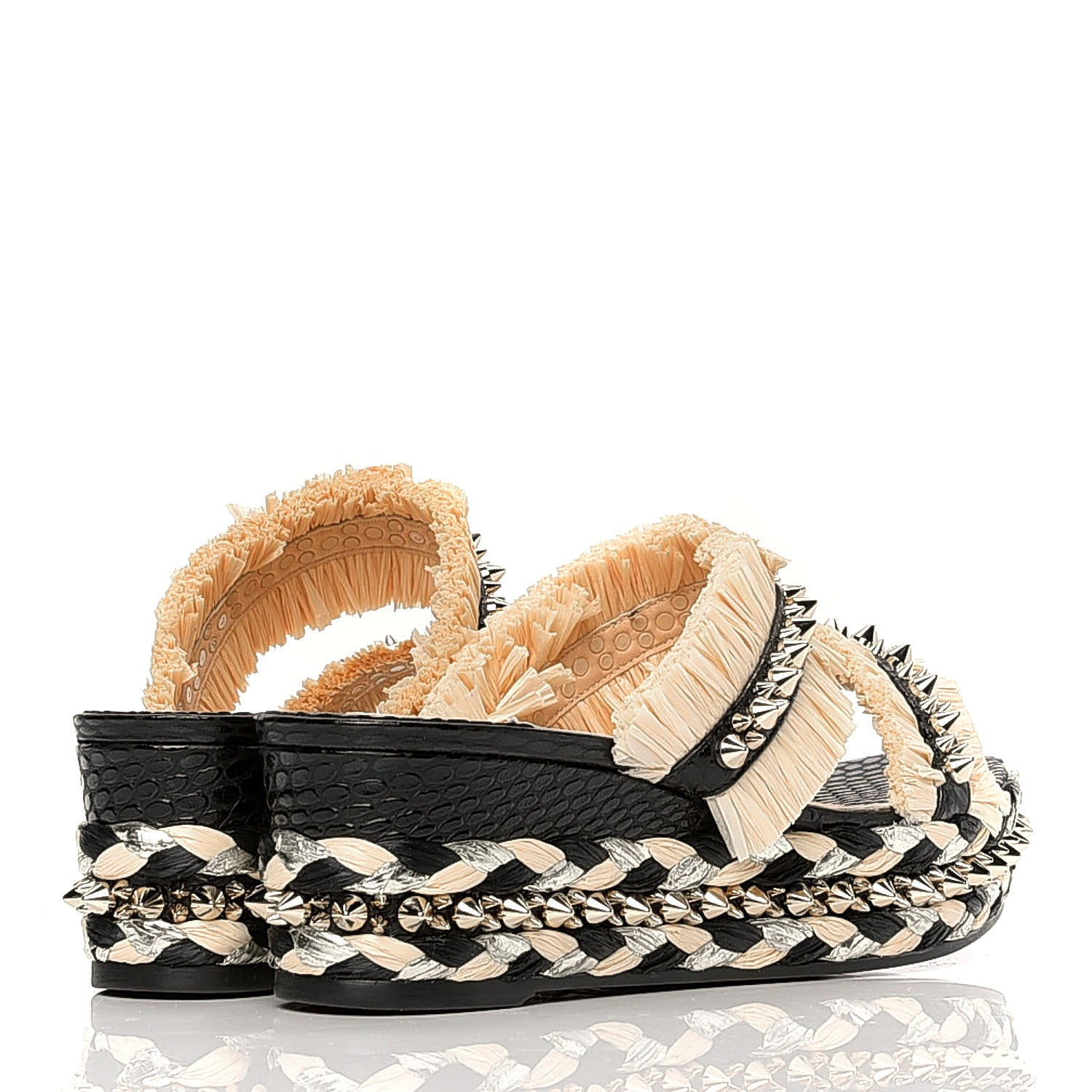 Christian Louboutin Jurassic Calfskin Rafia Voltinoudou 60 Spike Flatform Sandals 39 Black Savane 3 of 6