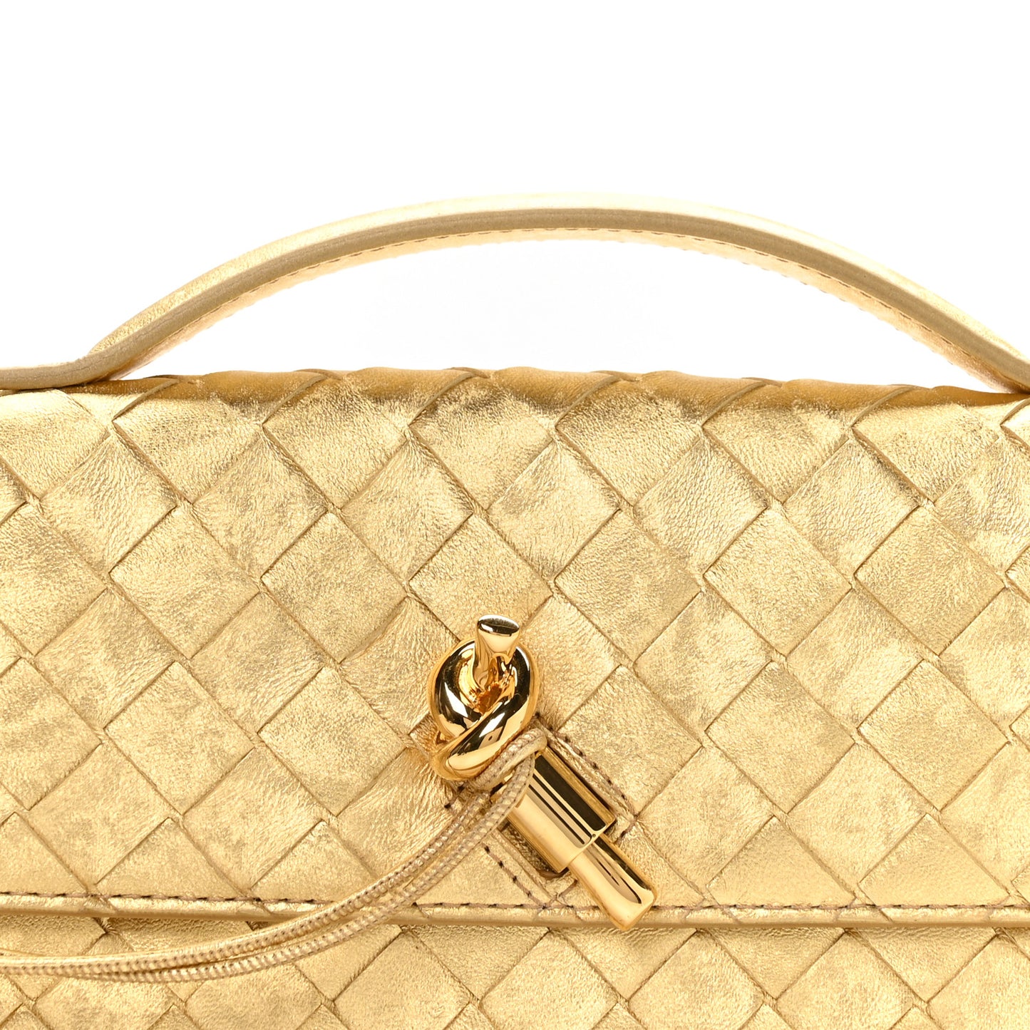Metallic Satin Lambskin Intrecciato Long Andiamo Top Handle Clutch Gold