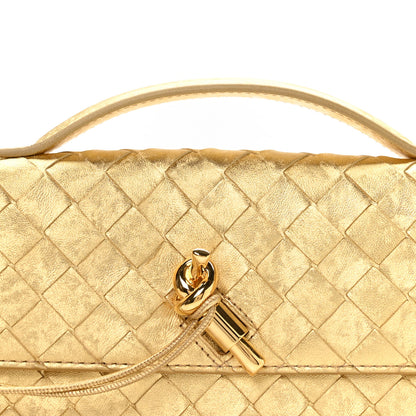 Bottega Veneta Metallic Satin Lambskin Intrecciato Long Andiamo Top Handle Clutch Gold 8 of 10