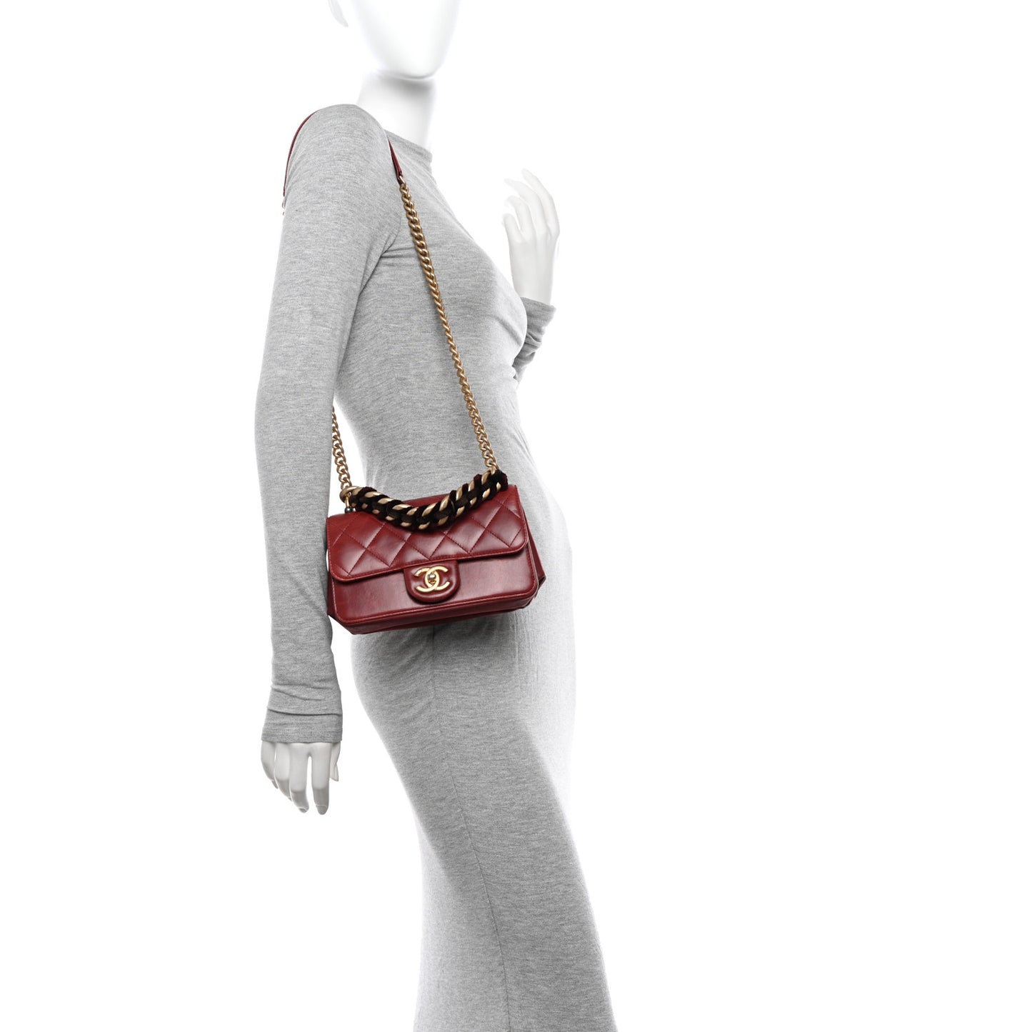Iridescent Calfskin Quilted Mini Straight Lined Flap Red