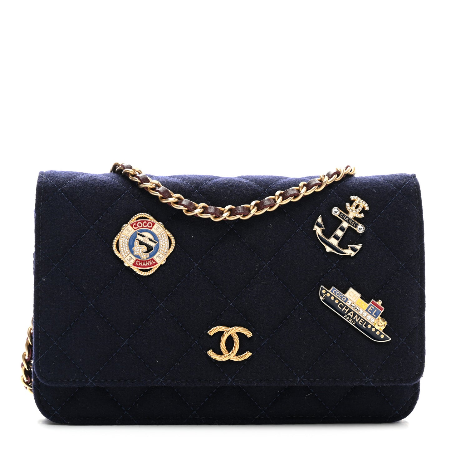 Felt Quilted Paris-Hamburg Charms Wallet On Chain WOC Dark Navy