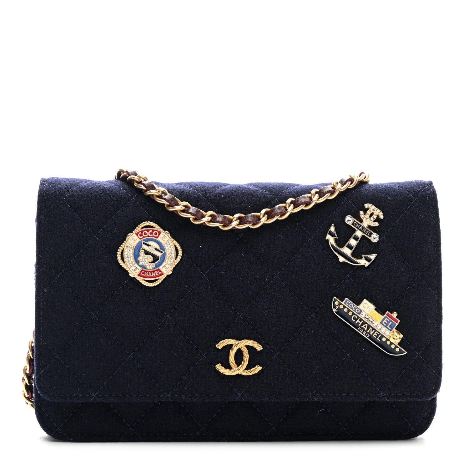 Chanel Felt Quilted Paris-Hamburg Charms Wallet On Chain WOC Dark Navy 1 of 10