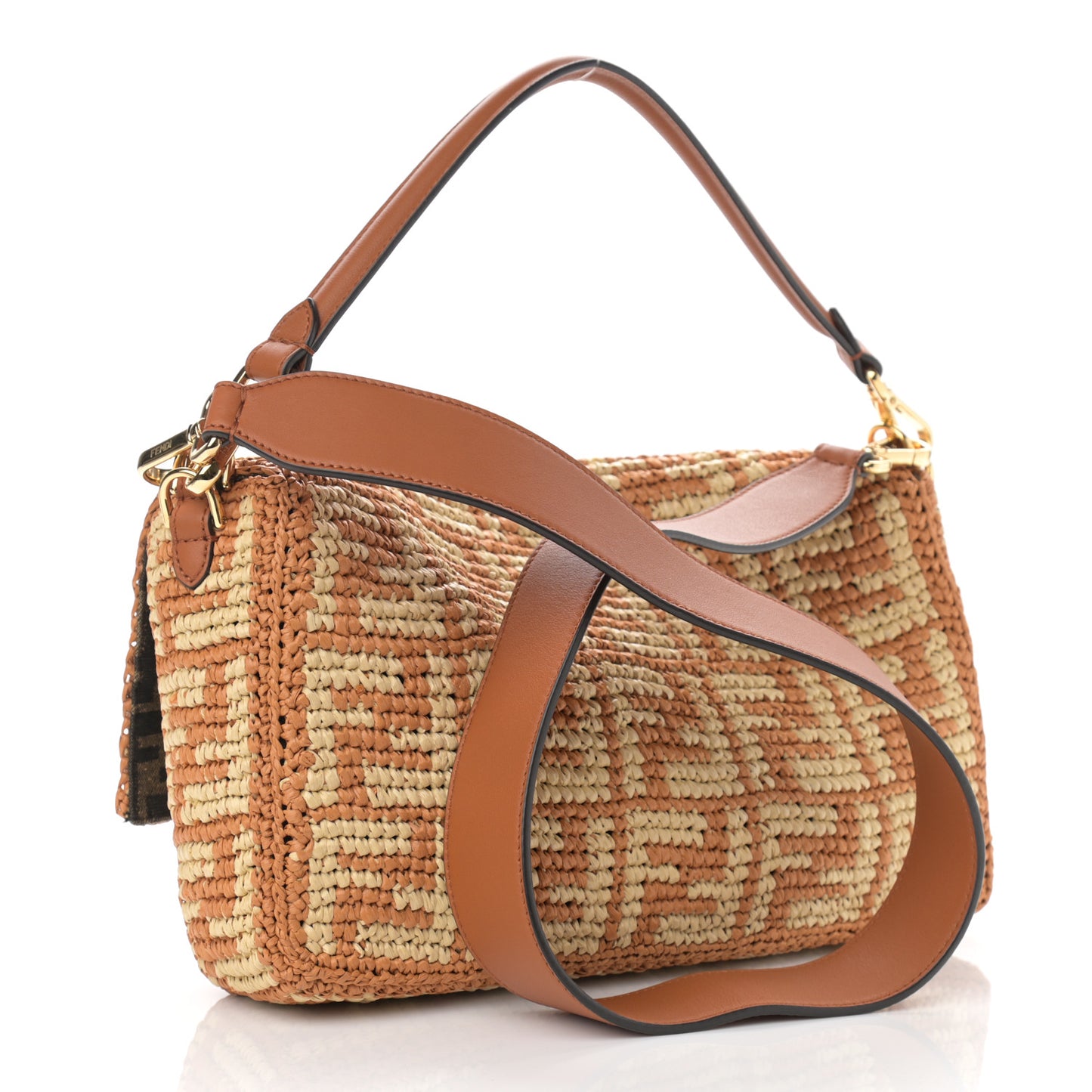 Raffia Vitello Seta FF Woven Large Baguette Brick Natural