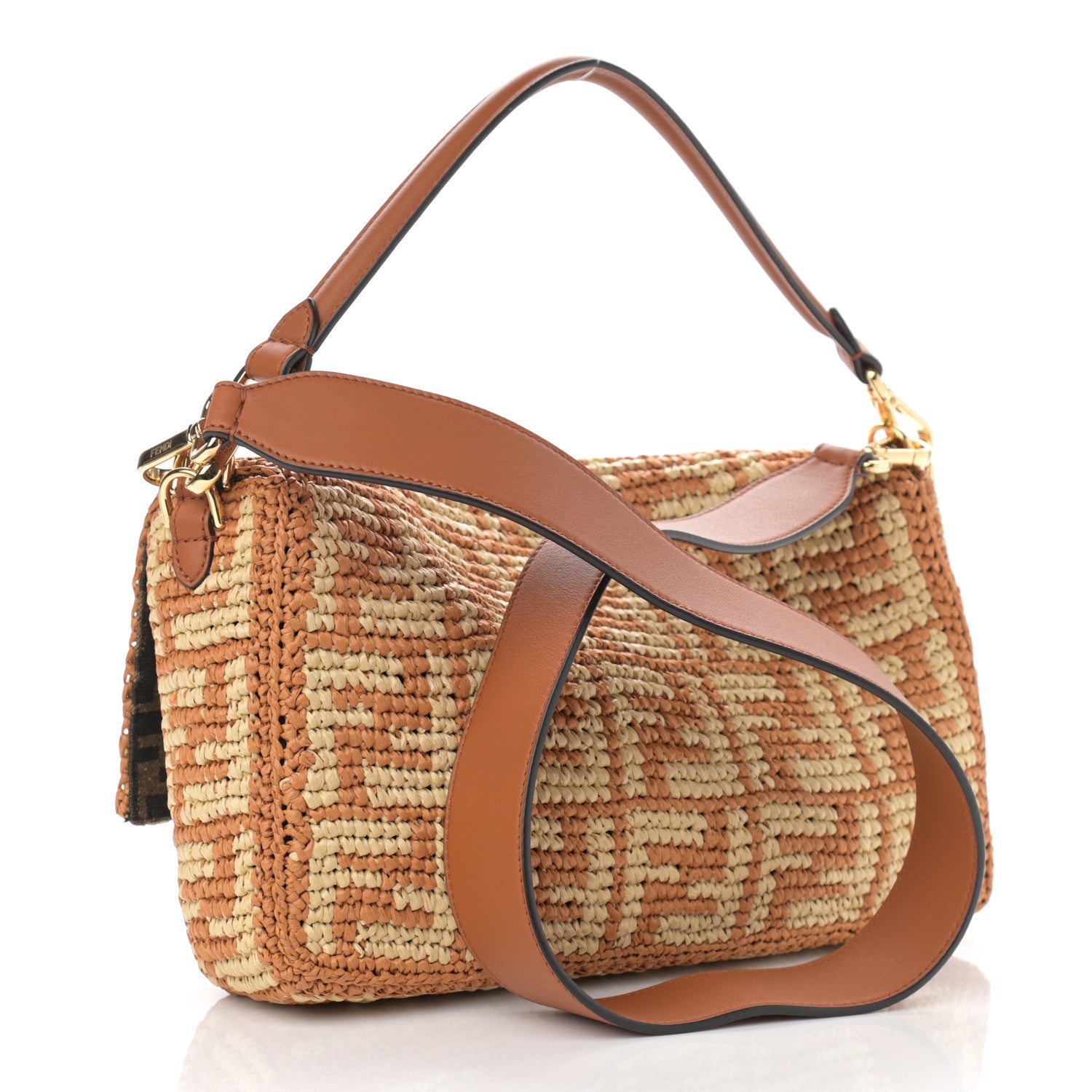 Fendi Raffia Vitello Seta FF Woven Large Baguette Brick Natural 3 of 10