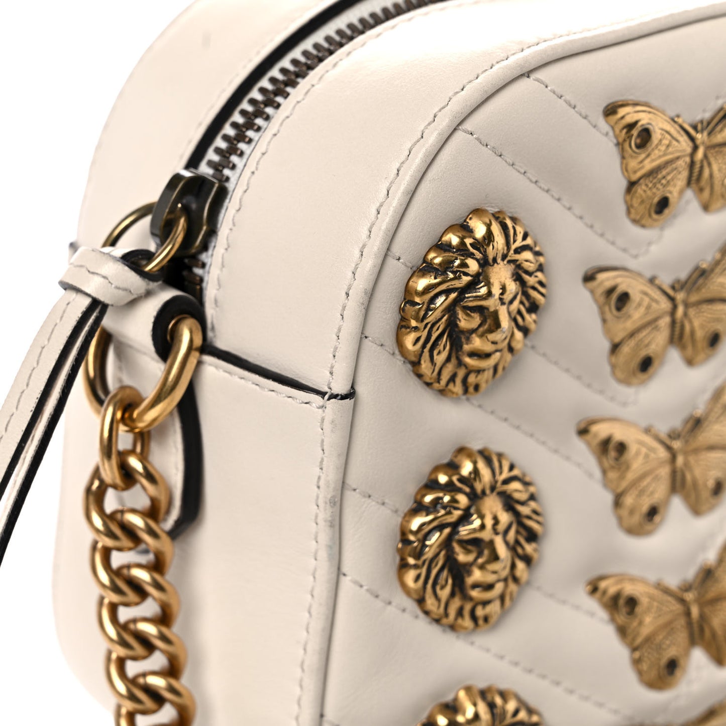 Calfskin Matelasse Animal Studs Small GG Marmont Chain Shoulder Bag White