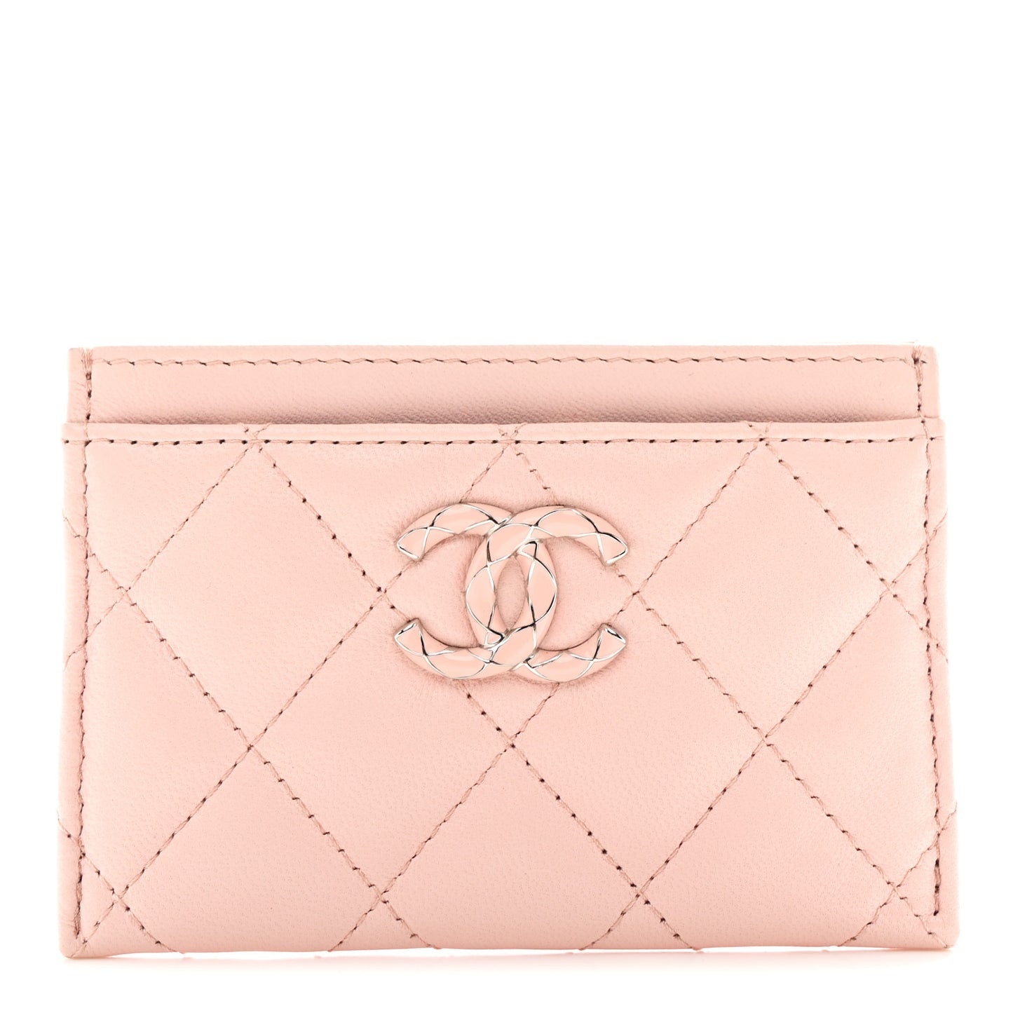 Lambskin Enamel Quilted Card Holder Pink
