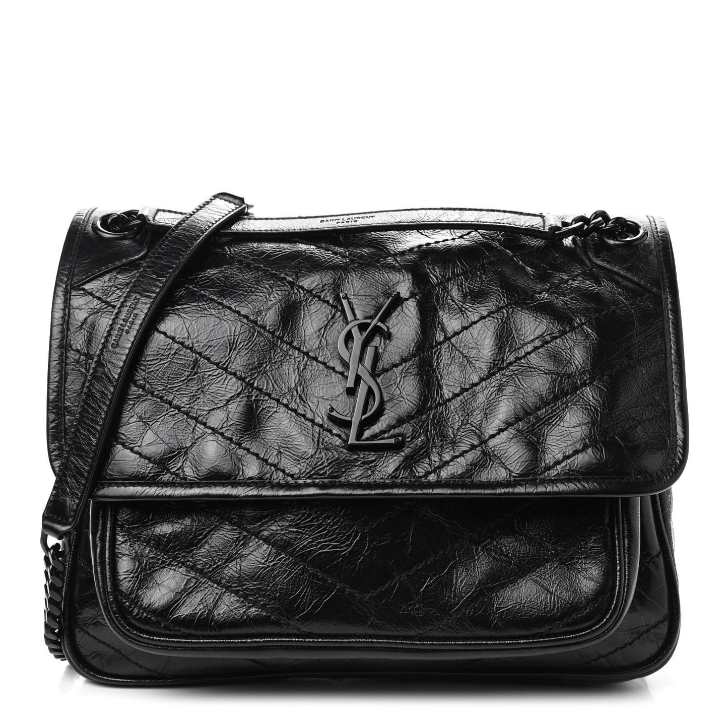 Crinkled Calfskin Matelasse Monogram Medium Niki Chain Satchel Black
