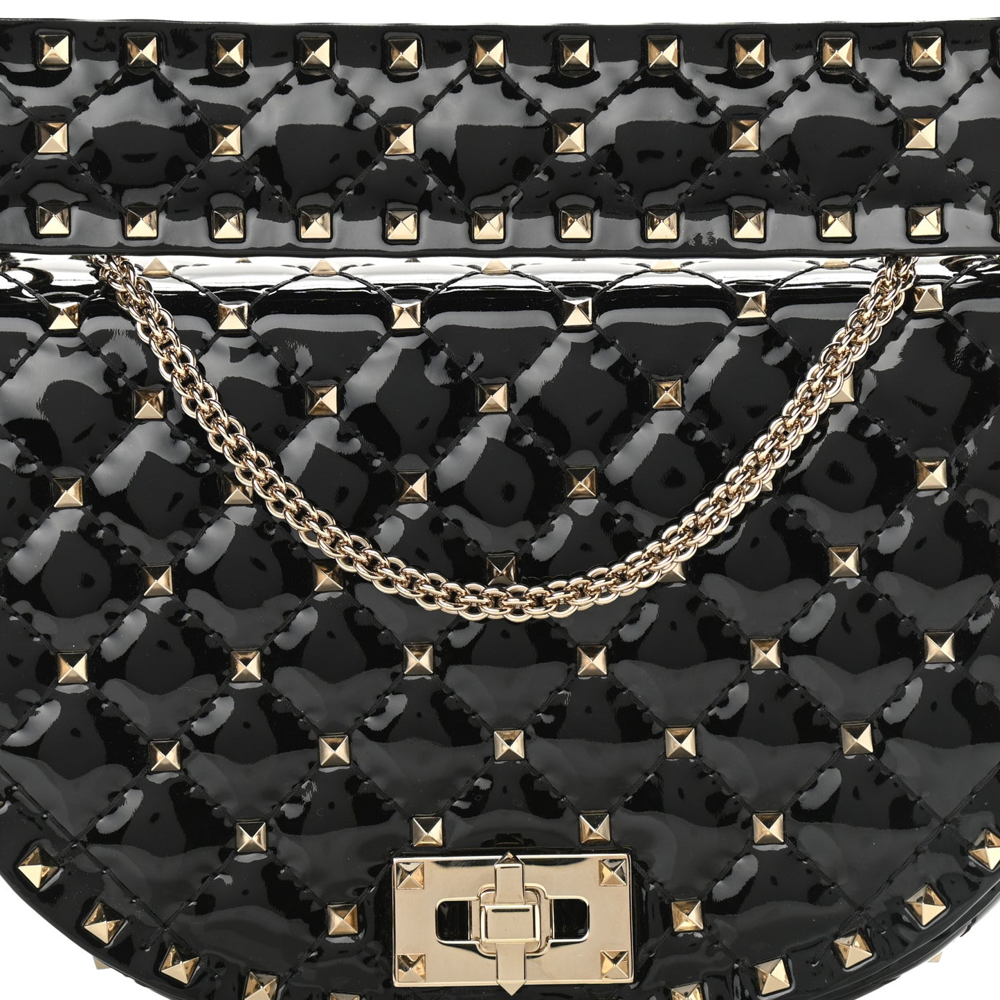 Patent Medium Rockstud Spike Halfmoon Saddle Bag Black