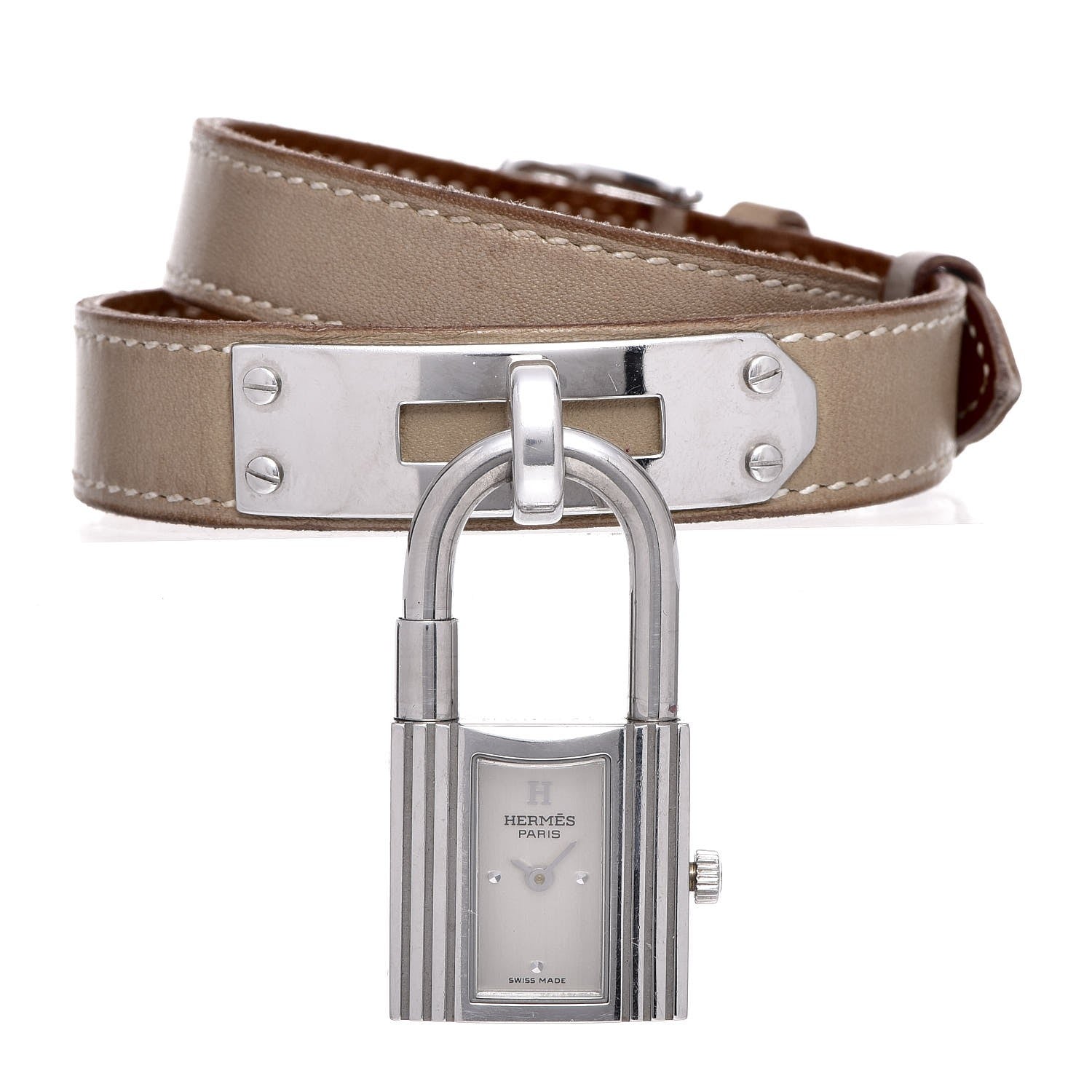 Hermes Stainless Steel Swift 20mm Kelly Cadena Double Tour Quartz Watch Etoupe 1 of 10