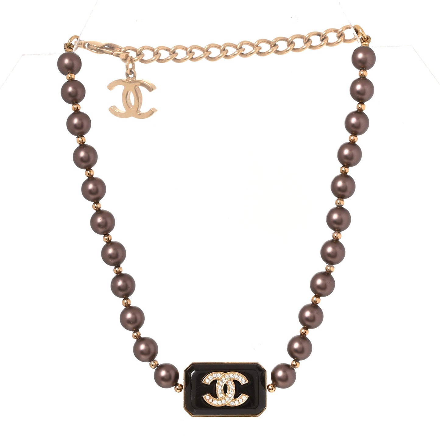Pearl Crystal CC Choker Necklace Brown Gold