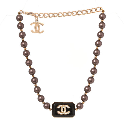 Chanel Pearl Crystal CC Choker Necklace Brown Gold 3 of 4