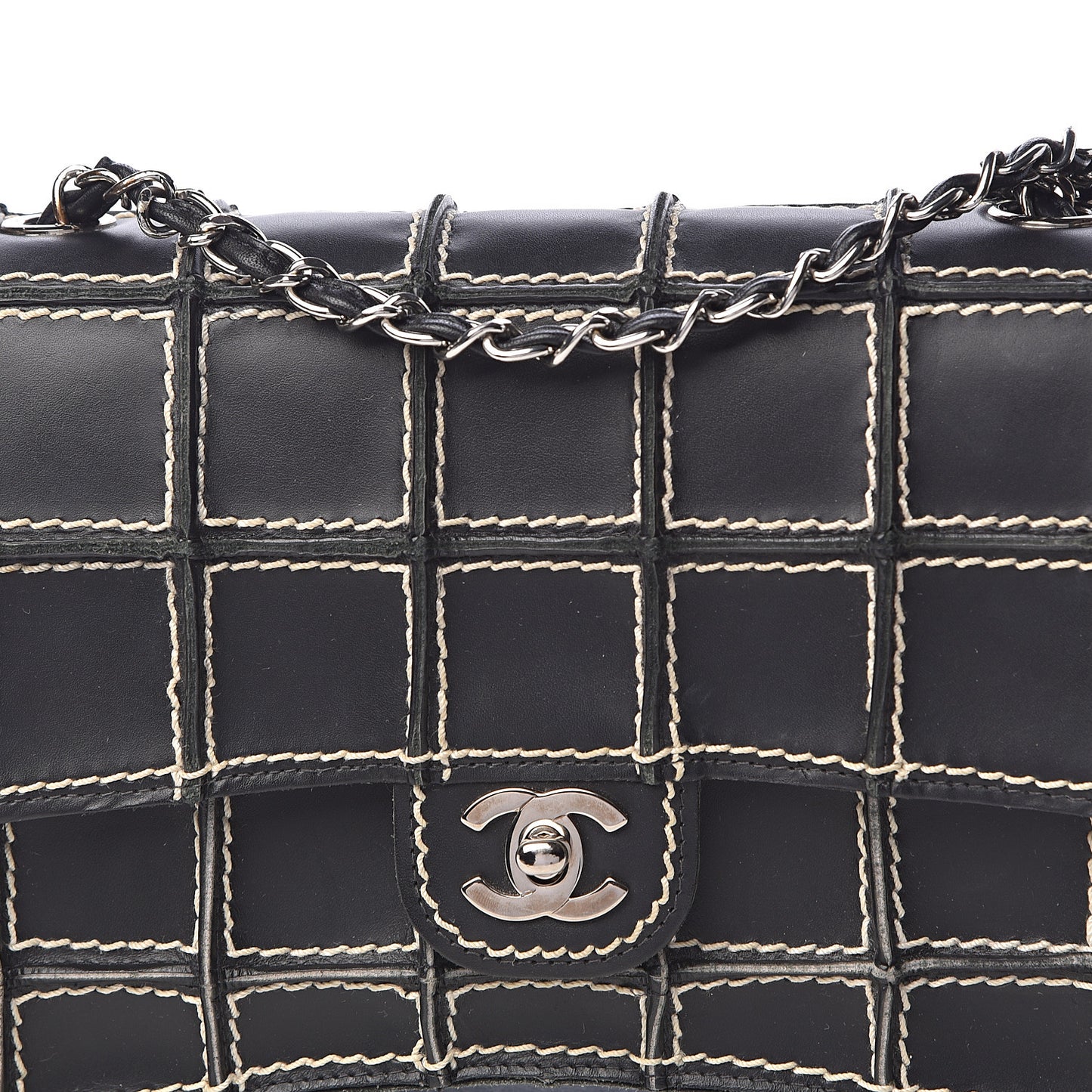 Lambskin Contrast Square Stitch Flap Black